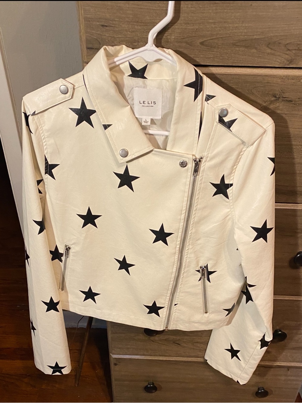 Le Lis Cream Faux Leather Star-Print Moto Jacket - size L but runs small